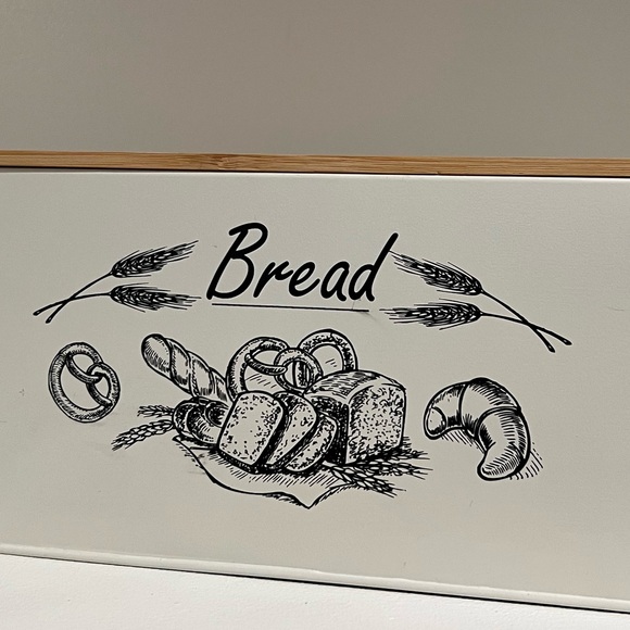 Kitchen Counter Ivory Color Tin Metal Bread Box Bin Handles Bamboo Cover 15x7x5 - Picture 6 of 9